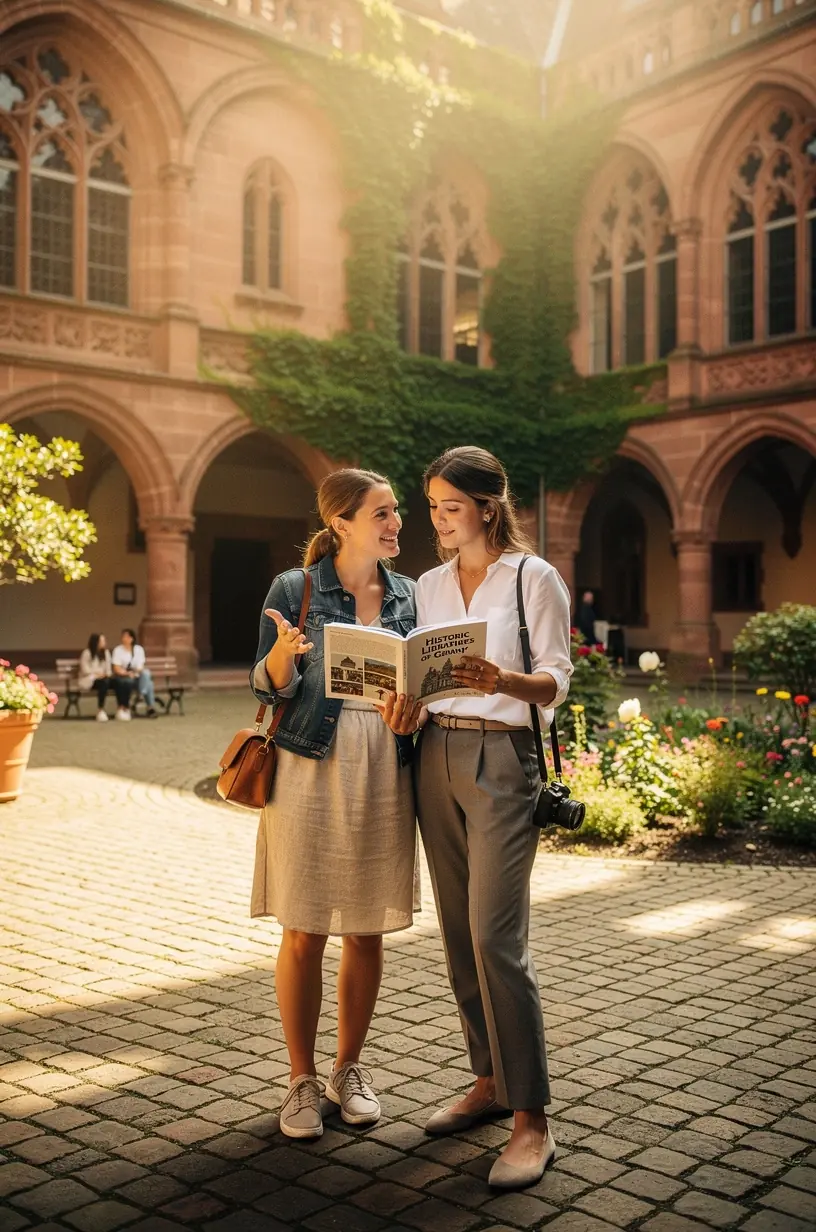 Innenansicht einer historischen Universitätsbibliothek mit hohen Holzregalen voller alter Bücher und einem hell erleuchteten Lesesaal, der die Architektur und Atmosphäre vergangener Epochen widerspiegelt.
